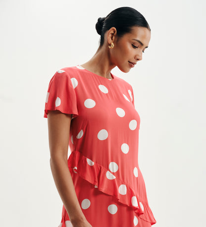 Sierra Red Polka Dot Asymmetric Frill Midi Tea Dress