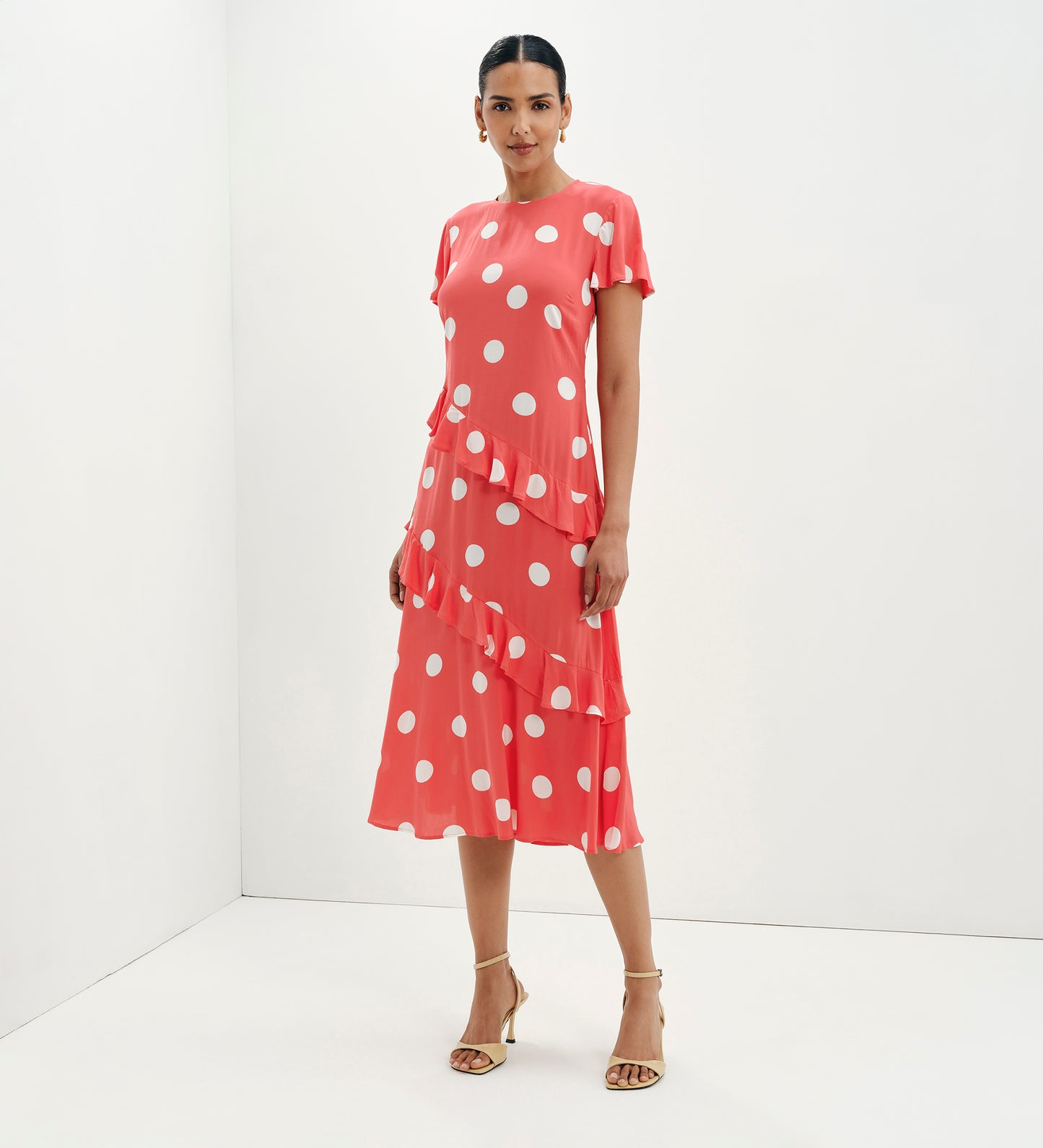 Sierra Red Polka Dot Asymmetric Frill Midi Tea Dress