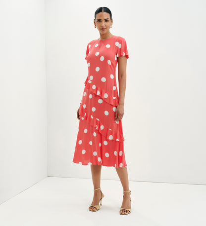 Sierra Red Polka Dot Asymmetric Frill Midi Tea Dress