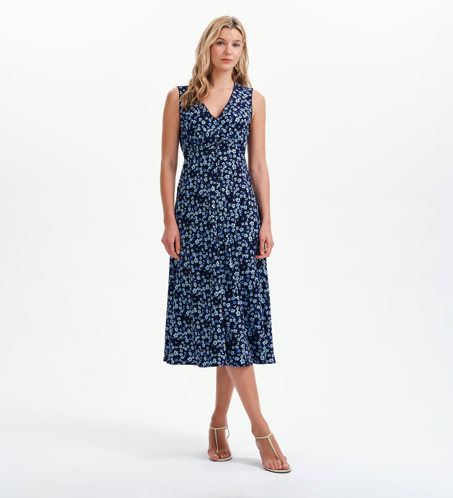 Skyla Blue Ditsy Sleeveless Button-Through Empire Waist Midi Dress