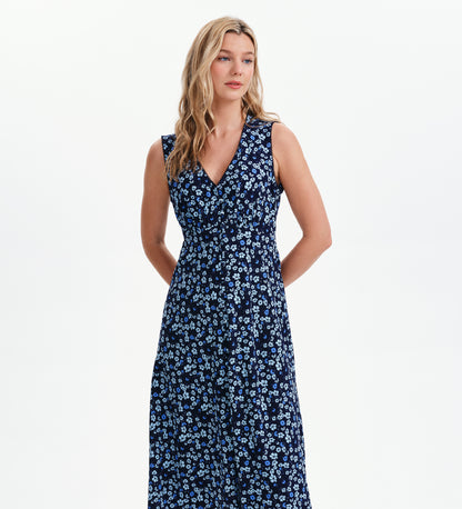 Skyla Blue Ditsy Sleeveless Button-Through Empire Waist Midi Dress