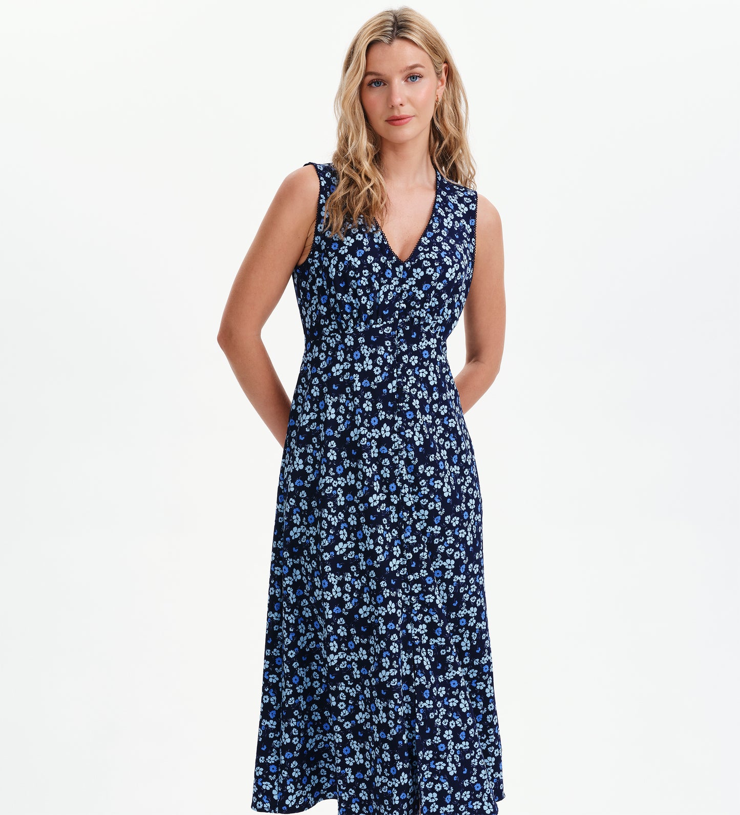 Skyla Blue Ditsy Sleeveless Button-Through Empire Waist Midi Dress