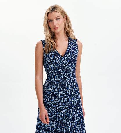 Skyla Blue Ditsy Sleeveless Button-Through Empire Waist Midi Dress