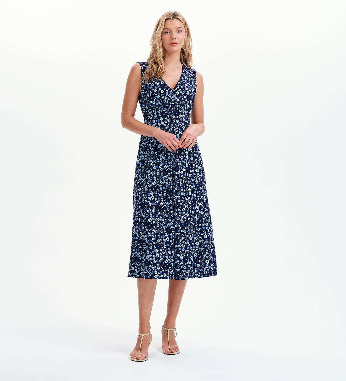 Skyla Blue Ditsy Sleeveless Button-Through Empire Waist Midi Dress