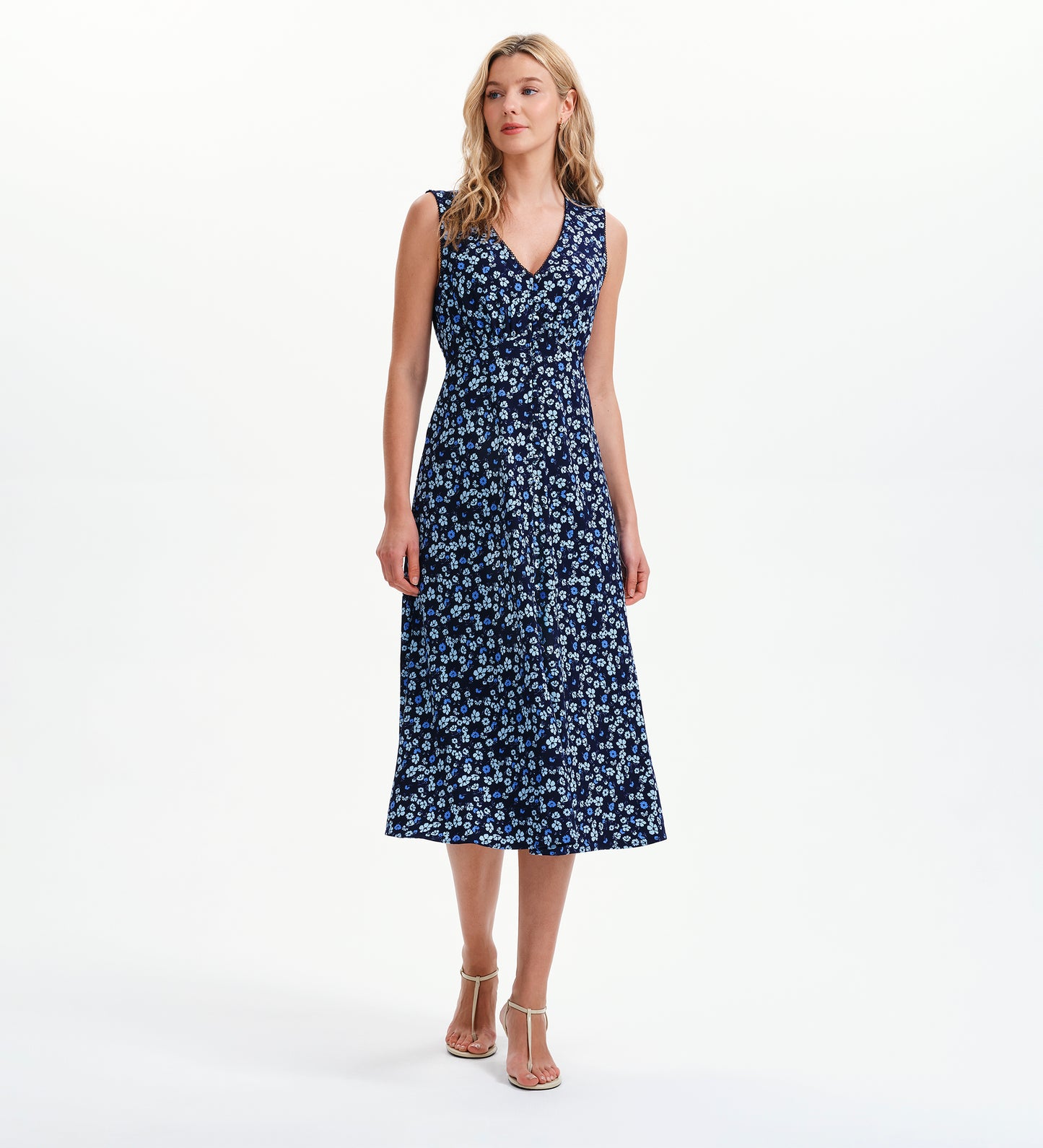 Skyla Blue Ditsy Sleeveless Button-Through Empire Waist Midi Dress