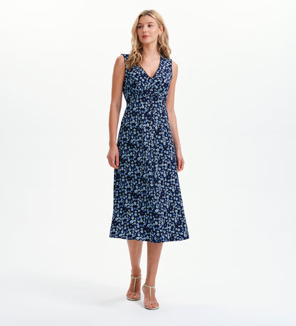 Skyla Blue Ditsy Sleeveless Button-Through Empire Waist Midi Dress