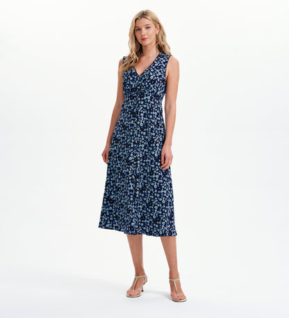 Skyla Blue Ditsy Sleeveless Button-Through Empire Waist Midi Dress