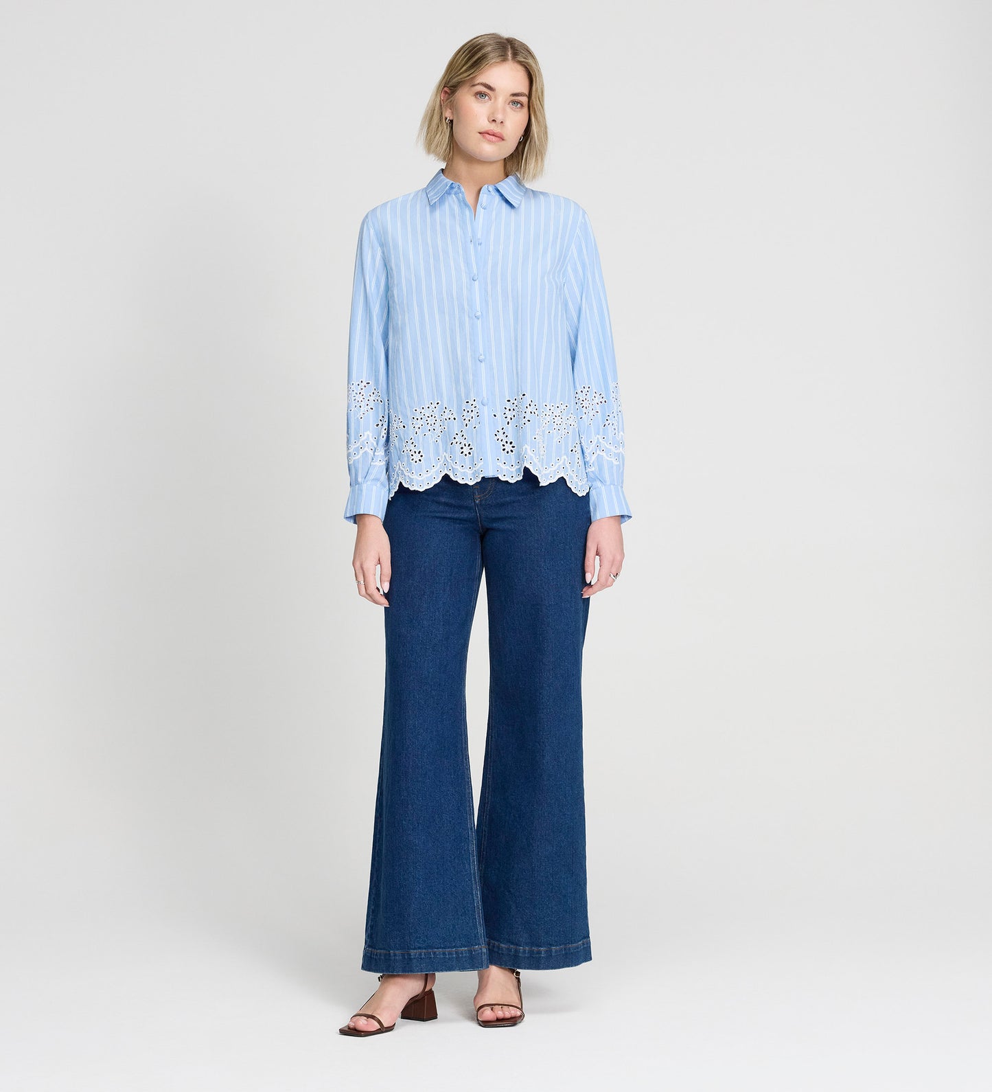 Sydnee Blue Stripe Cotton Broderie Blouson Sleeve Shirt