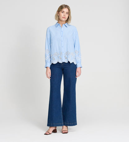 Sydnee Blue Stripe Cotton Broderie Blouson Sleeve Shirt