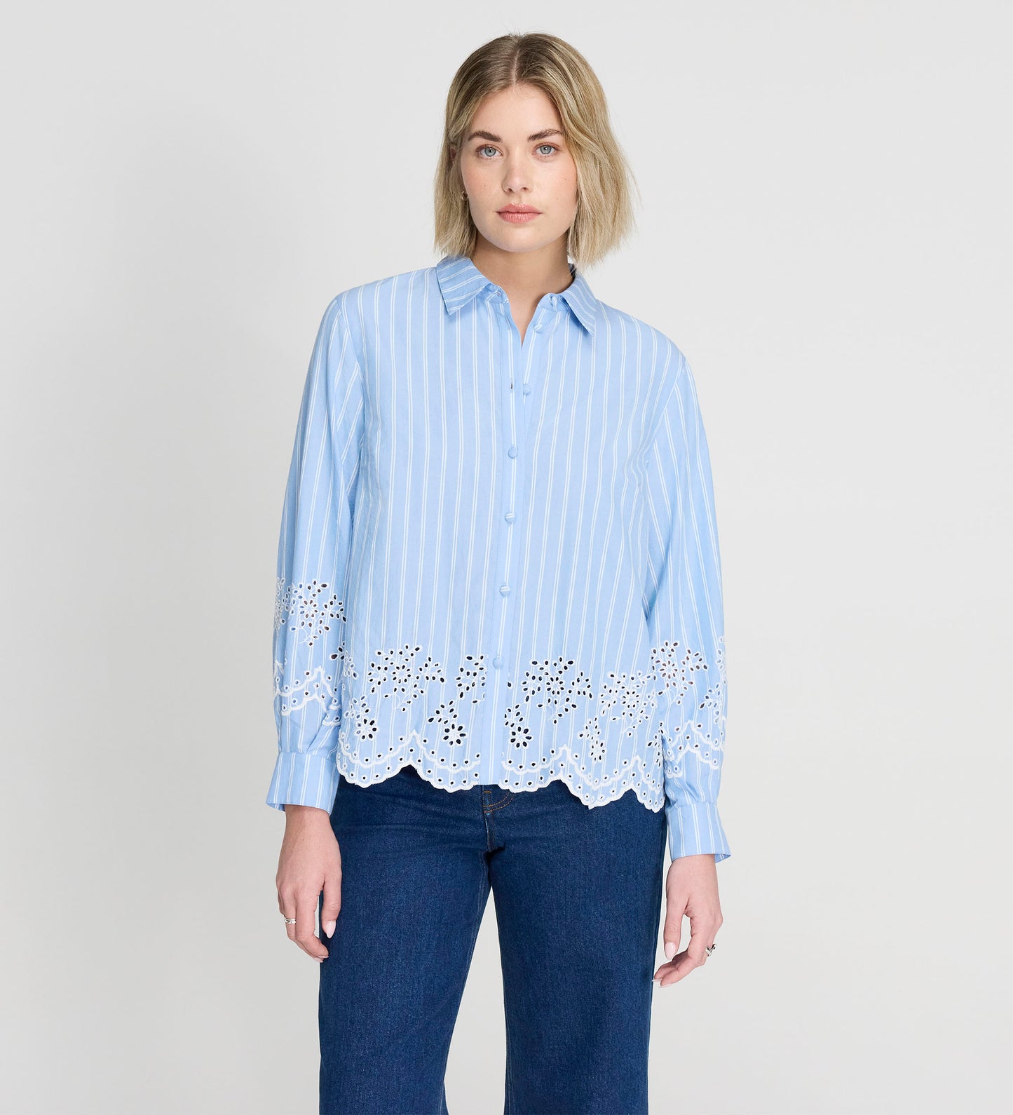 Sydnee Blue Stripe Cotton Broderie Blouson Sleeve Shirt