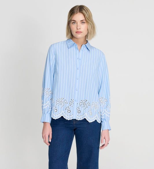 Sydnee Blue Stripe Cotton Broderie Blouson Sleeve Shirt