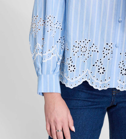 Sydnee Blue Stripe Cotton Broderie Blouson Sleeve Shirt