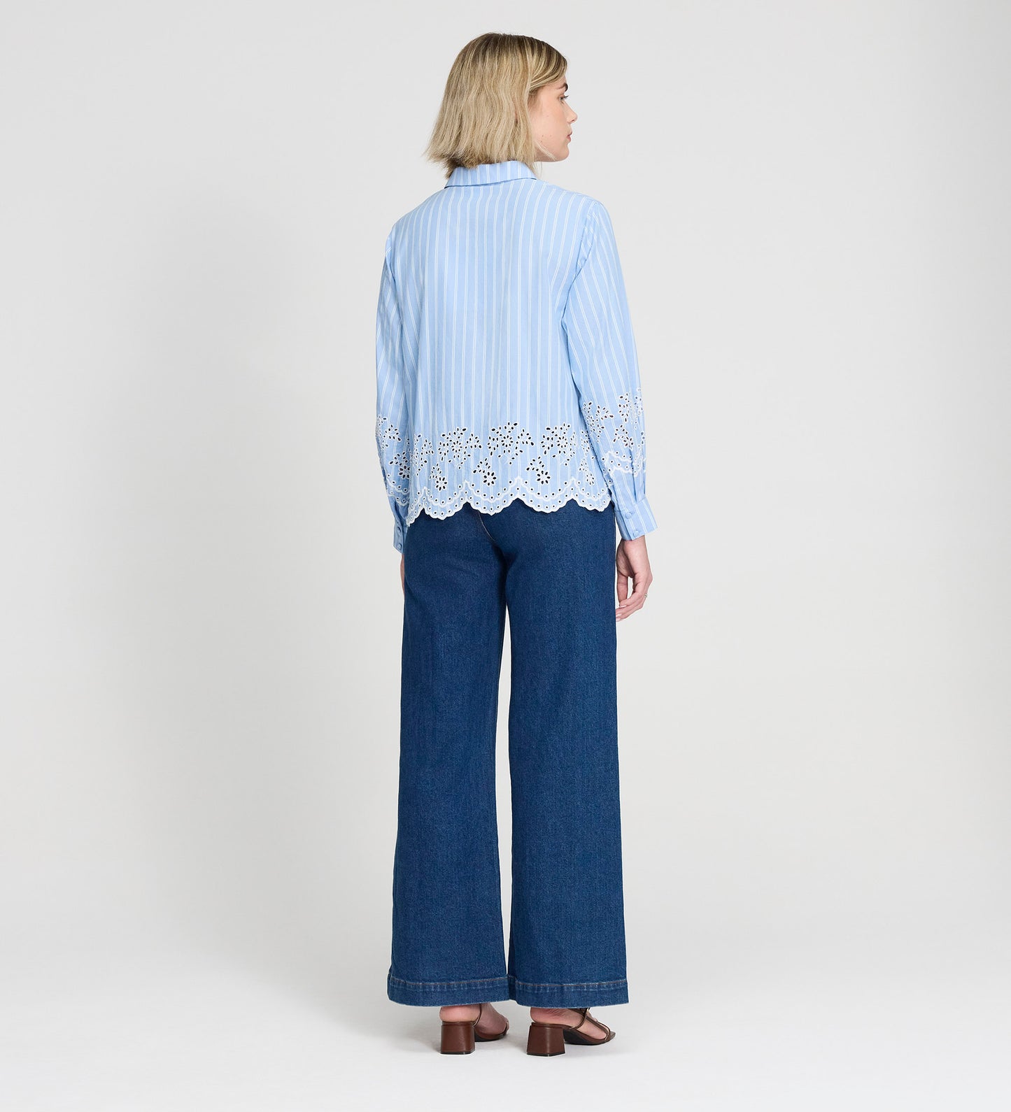 Sydnee Blue Stripe Cotton Broderie Blouson Sleeve Shirt