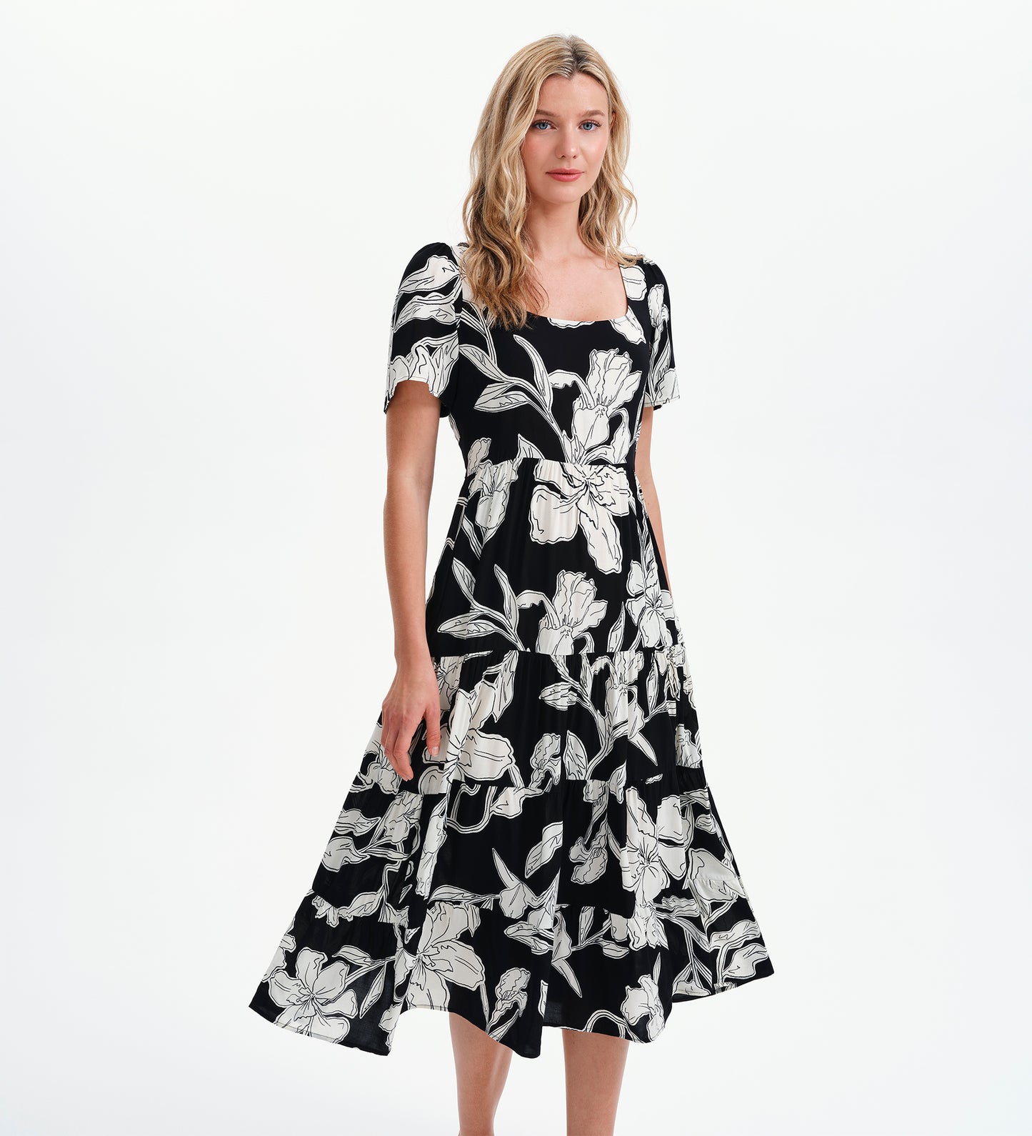 Teresa Black Floral Tiered Square Neck Midi Dress