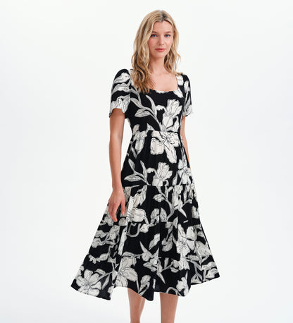 Teresa Black Floral Tiered Square Neck Midi Dress