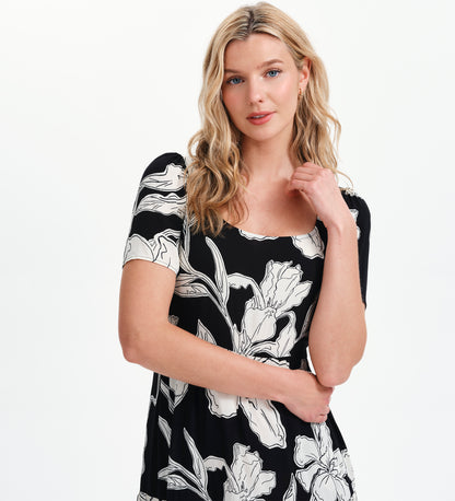 Teresa Black Floral Tiered Square Neck Midi Dress