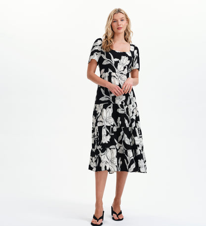Teresa Black Floral Tiered Square Neck Midi Dress