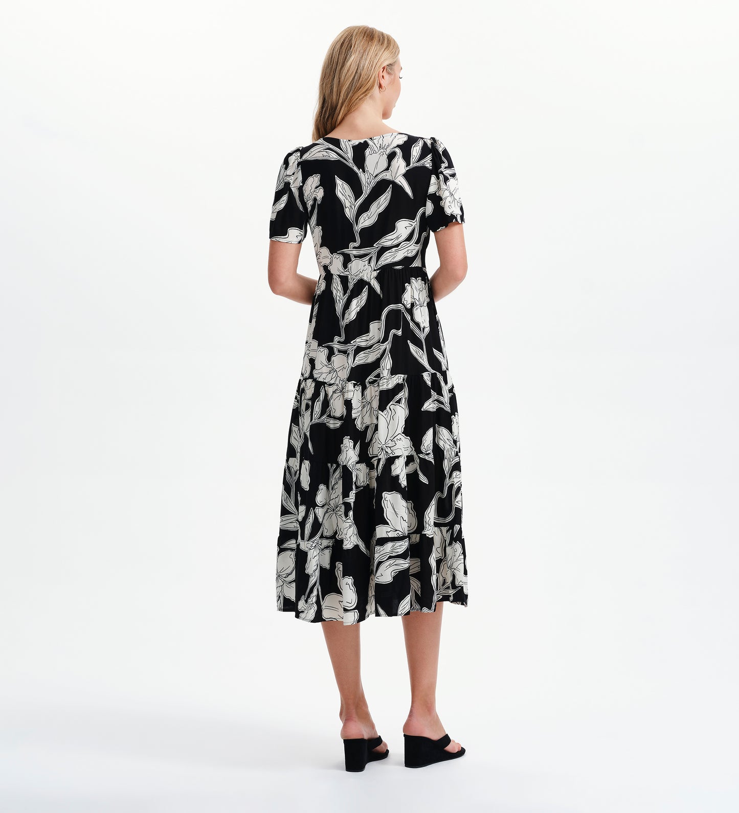 Teresa Black Floral Tiered Square Neck Midi Dress