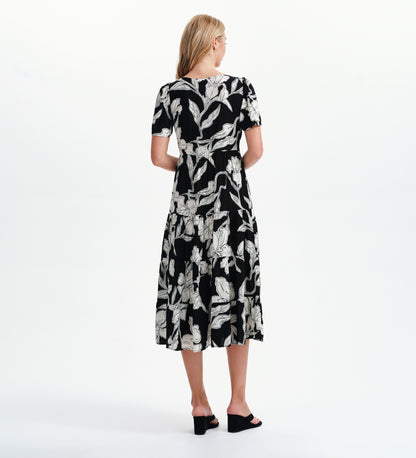 Teresa Black Floral Tiered Square Neck Midi Dress