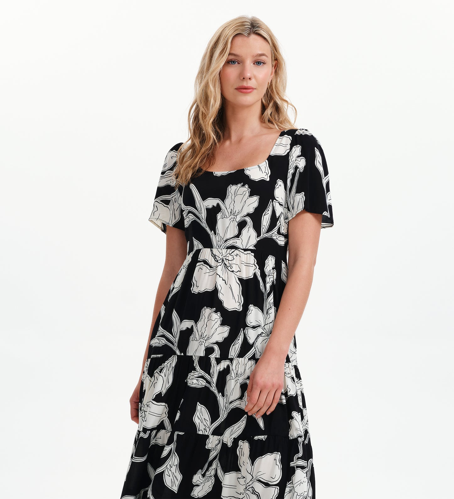 Teresa Black Floral Tiered Square Neck Midi Dress