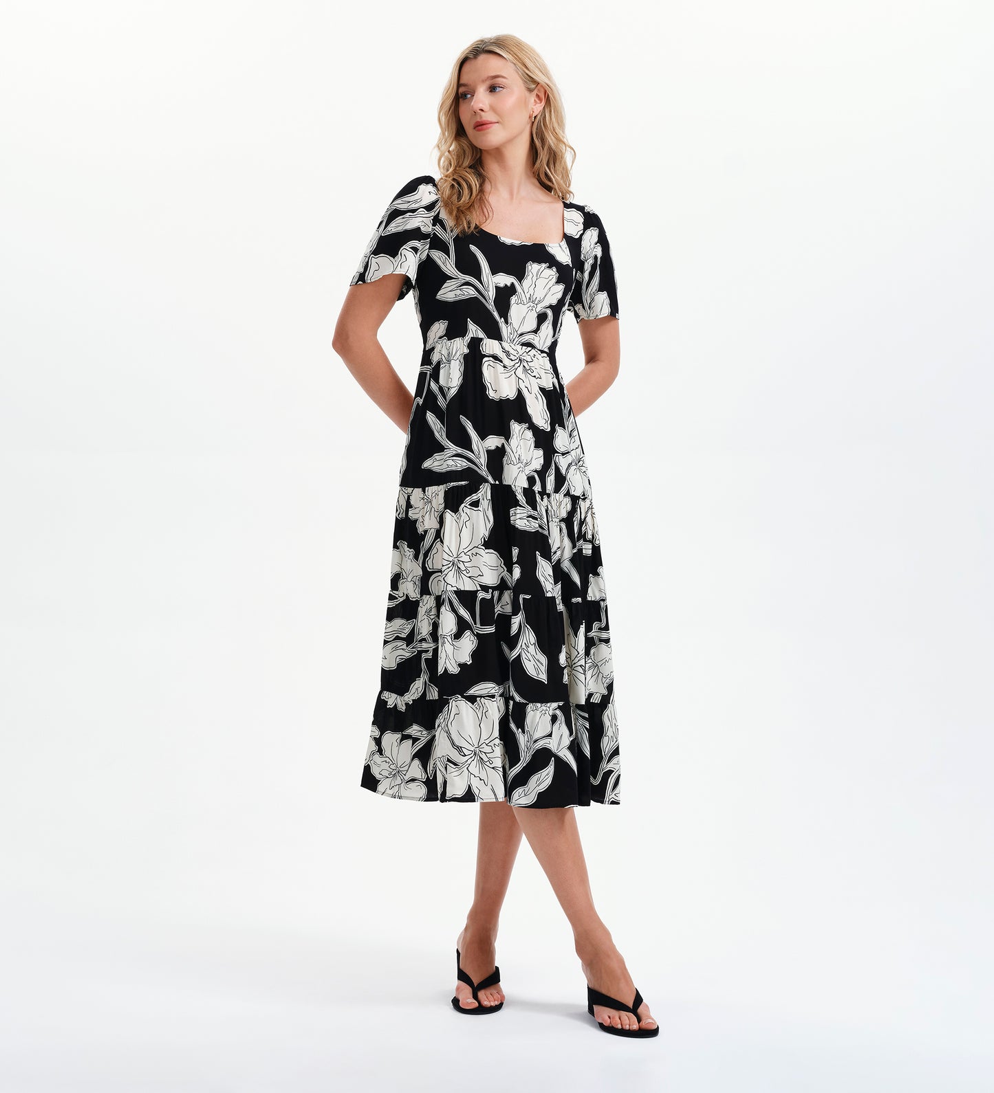 Teresa Black Floral Tiered Square Neck Midi Dress