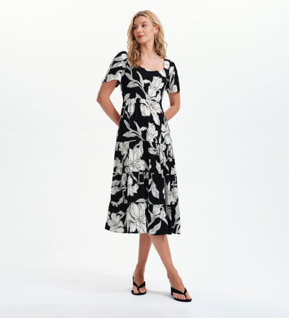 Teresa Black Floral Tiered Square Neck Midi Dress