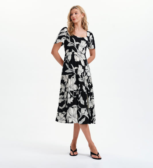 Teresa Black Floral Tiered Square Neck Midi Dress