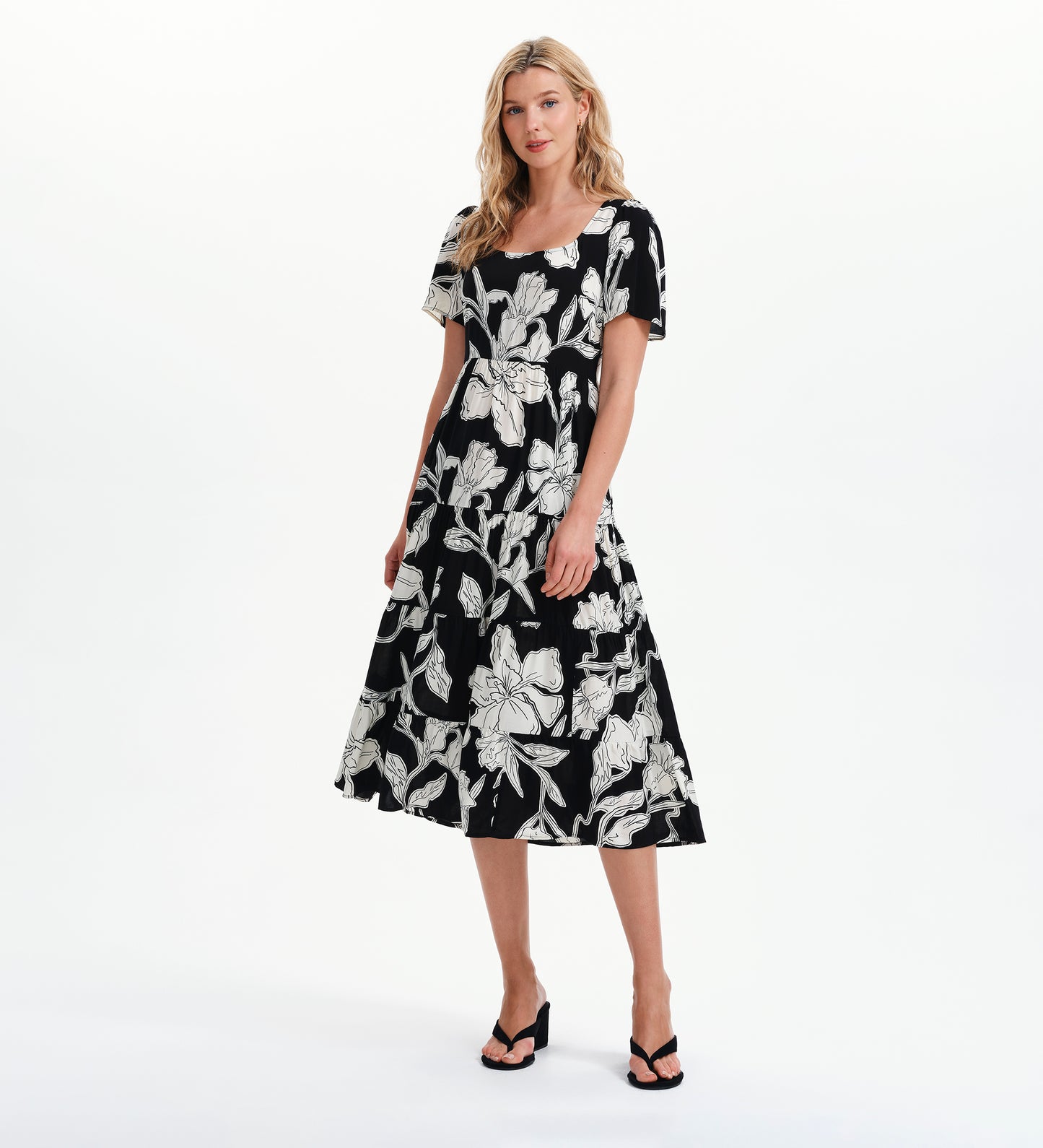 Teresa Black Floral Tiered Square Neck Midi Dress