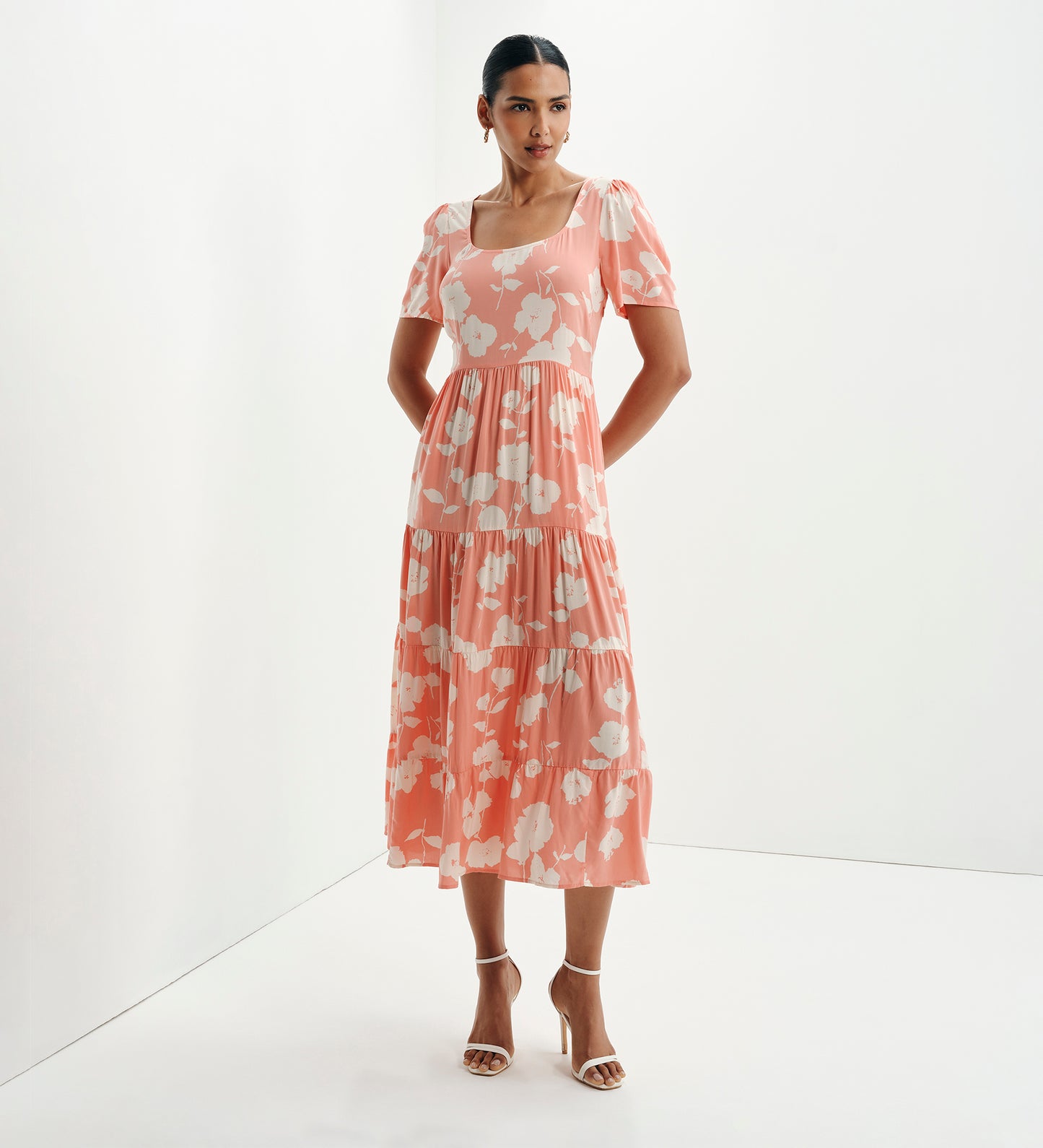 Teresa Coral Floral Tiered Square Neck Midi Dress