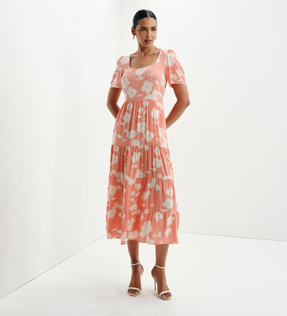 Teresa Coral Floral Tiered Square Neck Midi Dress