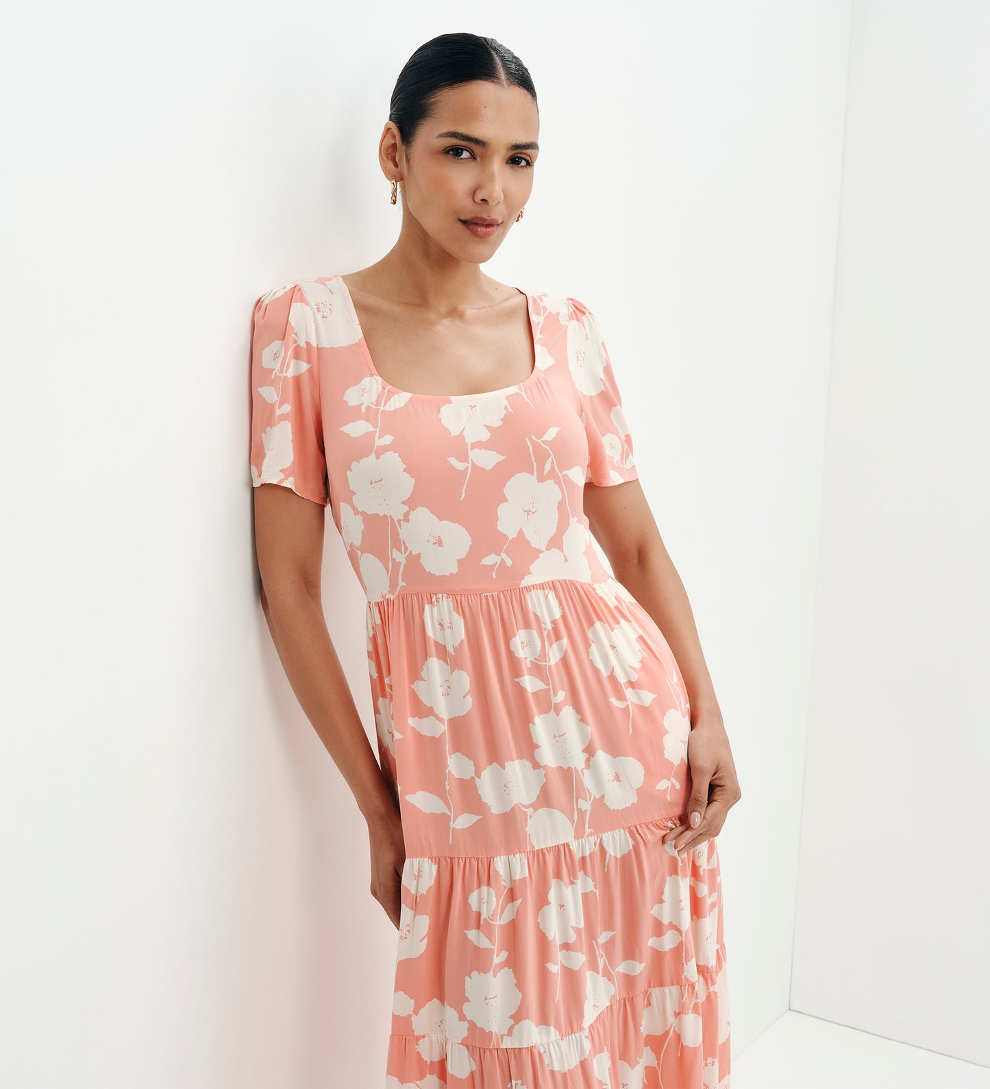 Teresa Coral Floral Tiered Square Neck Midi Dress