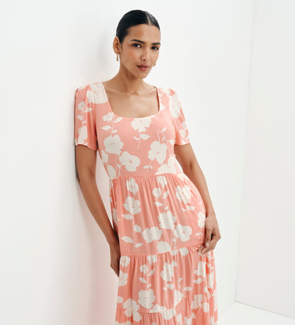 Teresa Coral Floral Tiered Square Neck Midi Dress