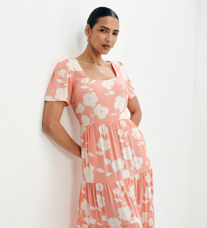 Teresa Coral Floral Tiered Square Neck Midi Dress