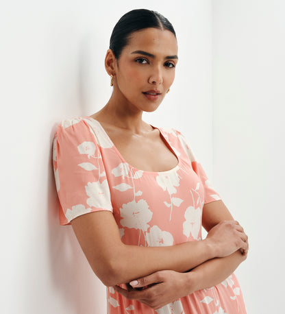 Teresa Coral Floral Tiered Square Neck Midi Dress