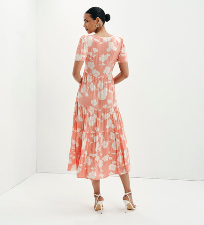 Teresa Coral Floral Tiered Square Neck Midi Dress