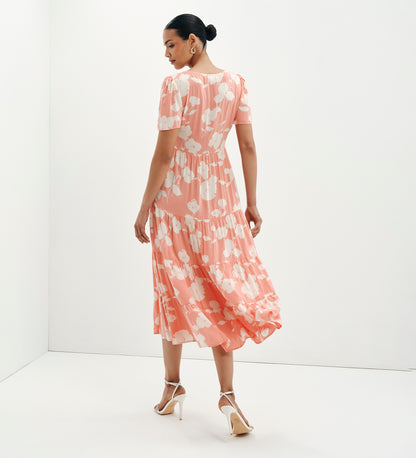 Teresa Coral Floral Tiered Square Neck Midi Dress