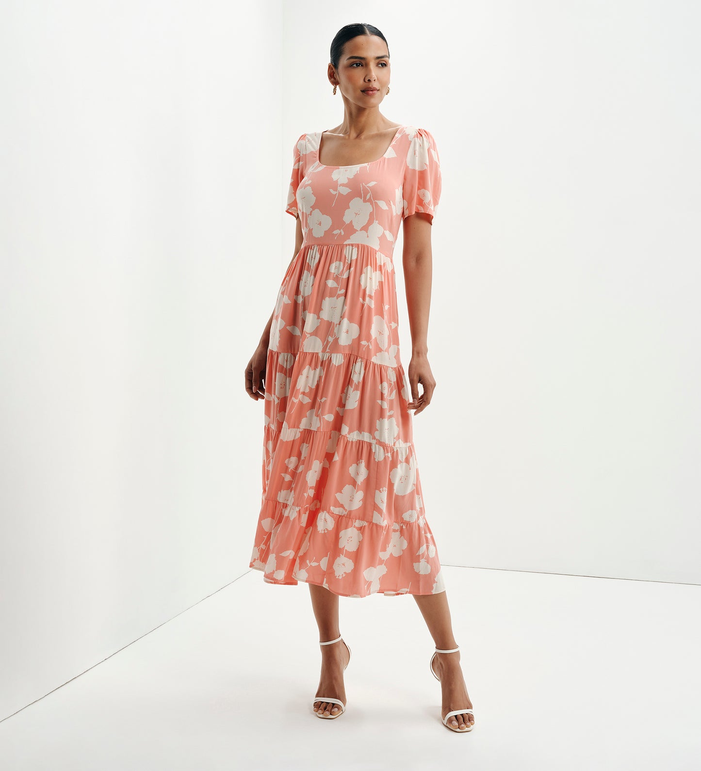 Teresa Coral Floral Tiered Square Neck Midi Dress