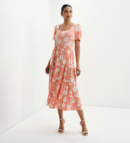 Teresa Coral Floral Tiered Square Neck Midi Dress
