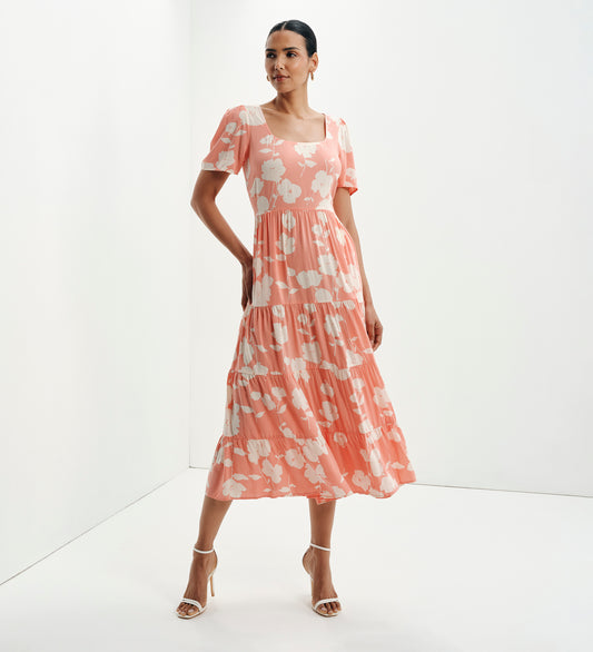 Teresa Coral Floral Tiered Square Neck Midi Dress