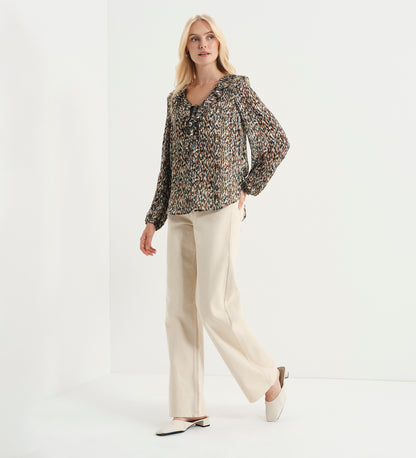 Trinity Green Abstract Animal Chiffon Ruffle Neck Blouse