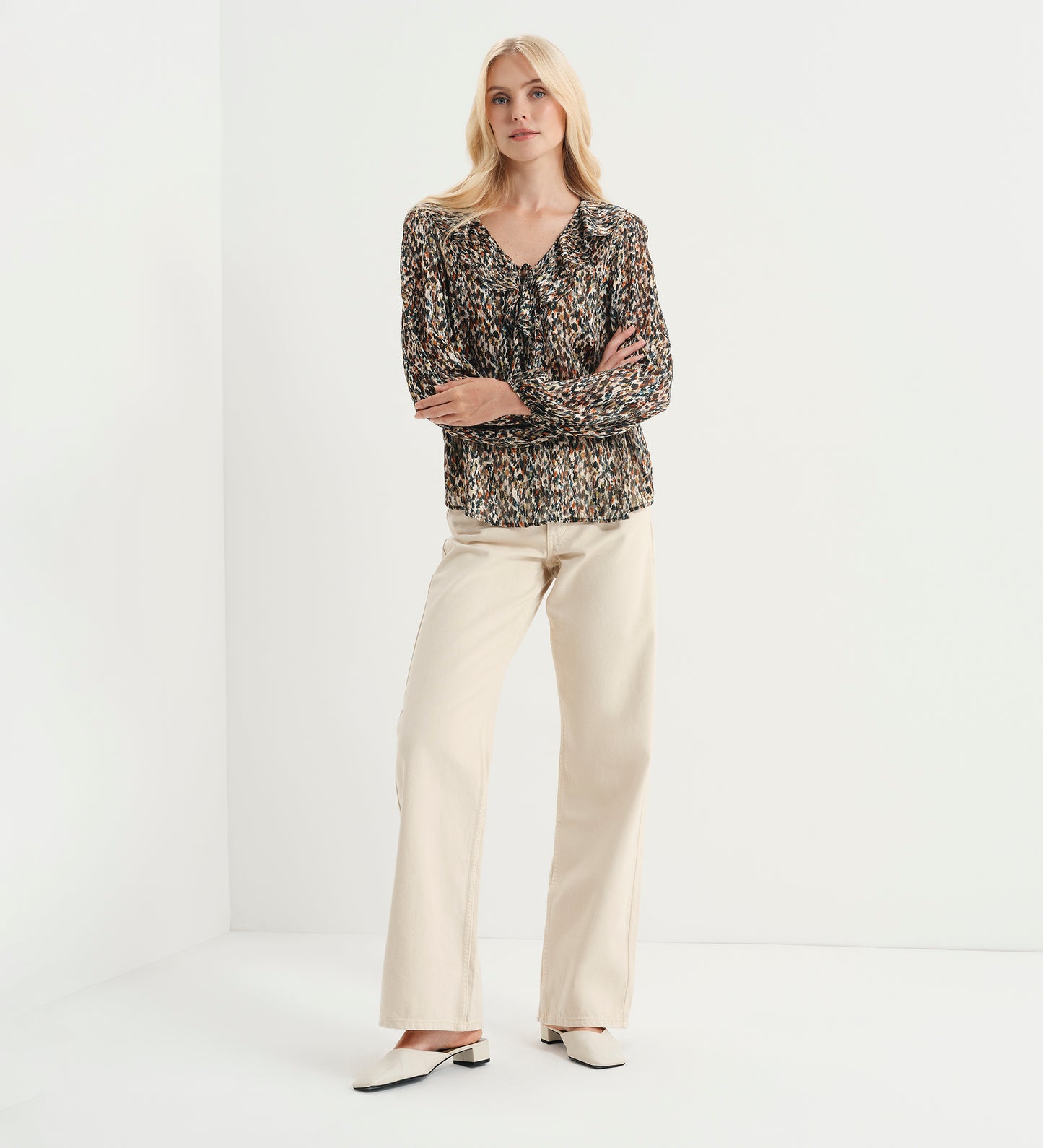 Trinity Green Abstract Animal Chiffon Ruffle Neck Blouse