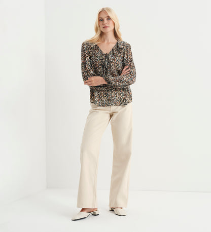 Trinity Green Abstract Animal Chiffon Ruffle Neck Blouse