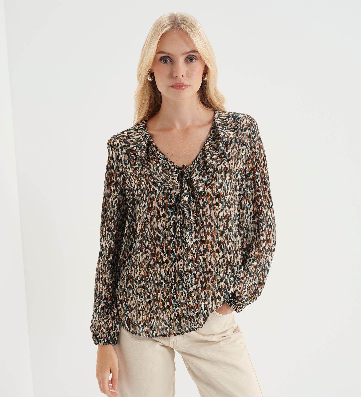 Trinity Green Abstract Animal Chiffon Ruffle Neck Blouse