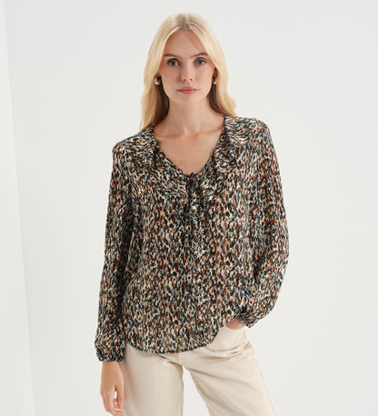 Trinity Green Abstract Animal Chiffon Ruffle Neck Blouse