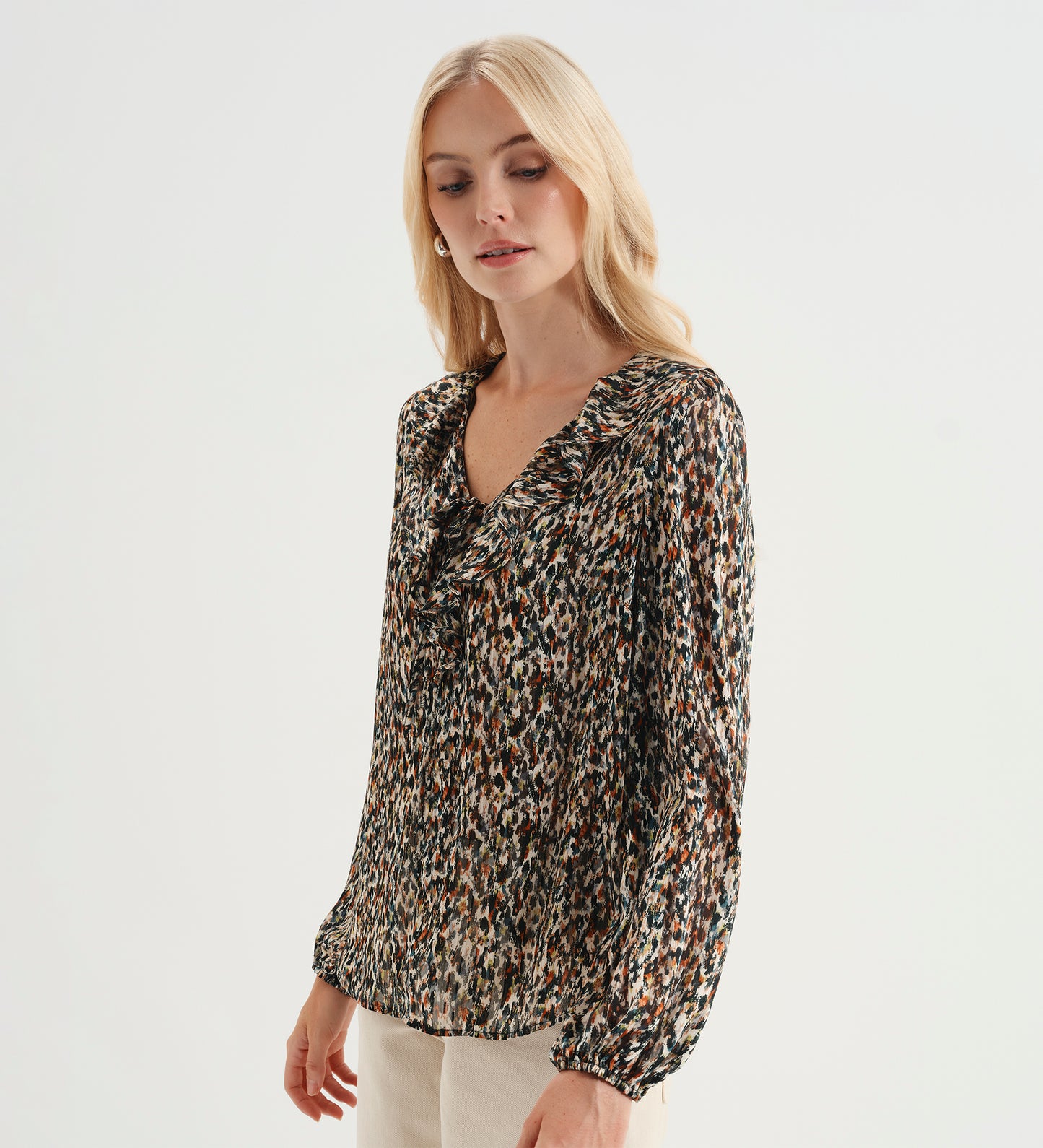 Trinity Green Abstract Animal Chiffon Ruffle Neck Blouse