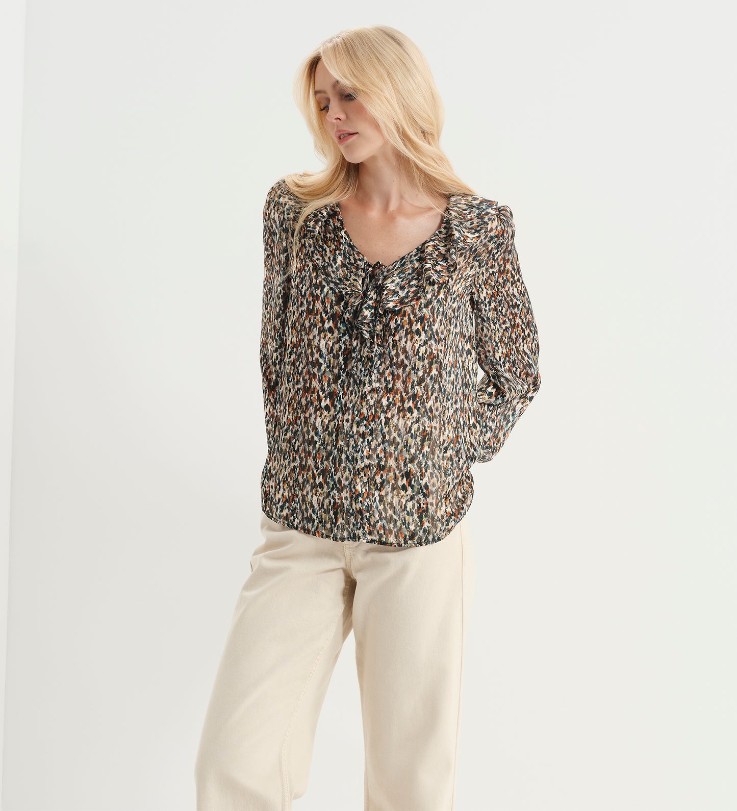 Trinity Green Abstract Animal Chiffon Ruffle Neck Blouse