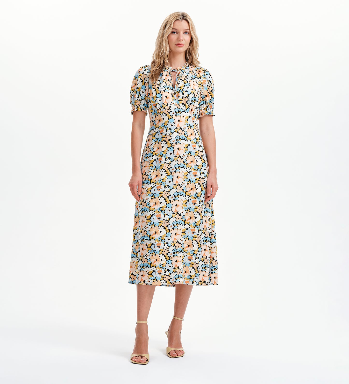 Trish Peach Floral Tie Neck Puff Sleeve Midi Dress