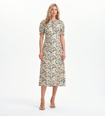 Trish Peach Floral Tie Neck Puff Sleeve Midi Dress