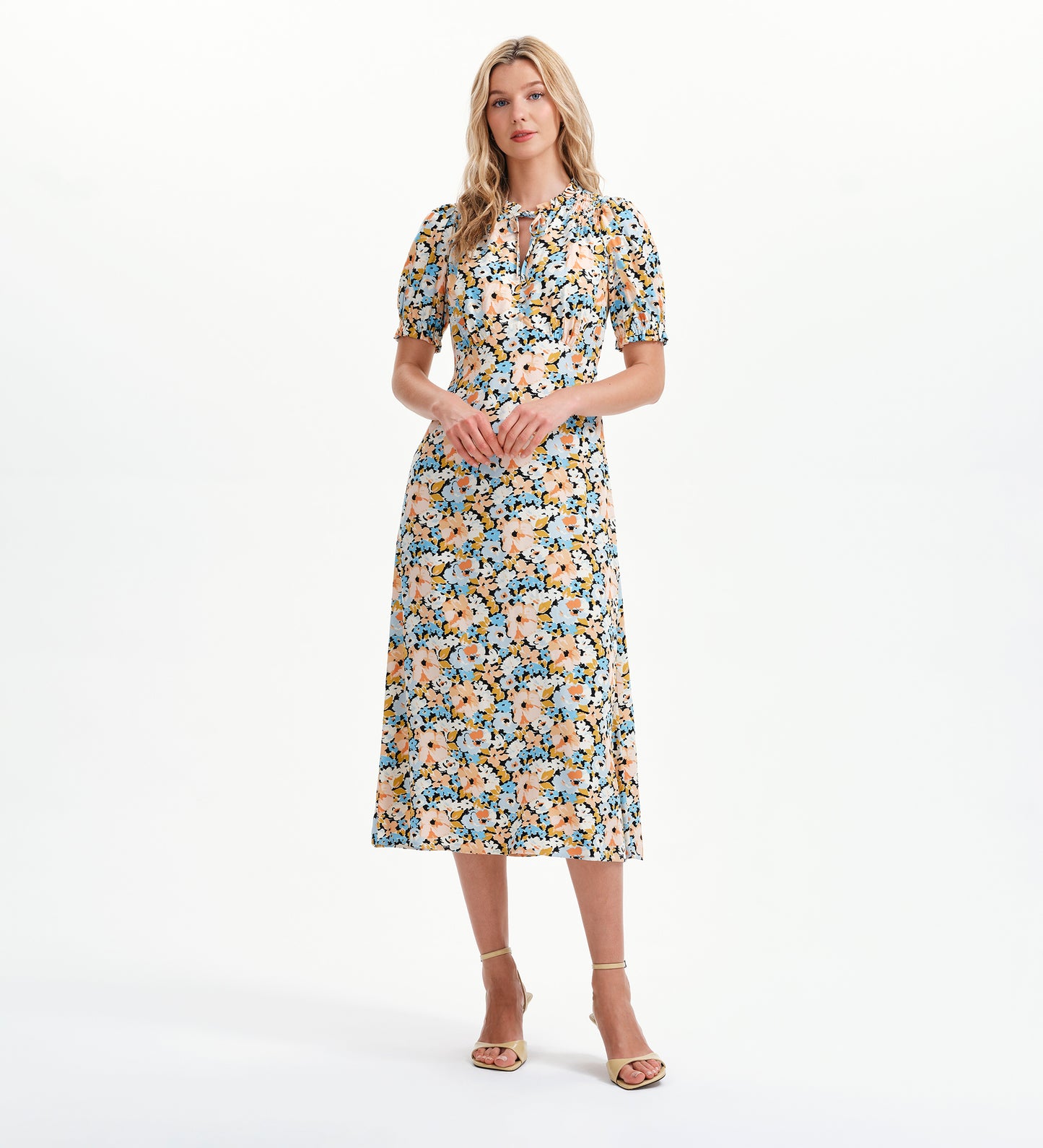 Trish Peach Floral Tie Neck Puff Sleeve Midi Dress