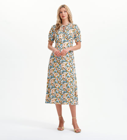 Trish Peach Floral Tie Neck Puff Sleeve Midi Dress